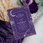 Invitation Starry Night Moon Tir Star Celestial Mariage<br><div class="desc">Cette faire-part de mariage romantique, avec son magnifique thème ciel violet, promet une histoire d'enchantement et d'allure. Embellie d'une fausse lune dorée métallique, d'une étoile scintillante et de constellations lointaines, elle ouvre la voie à une célébration spectaculaire. Le design est tranquille, mystique et invitant, opter pour cette invitation offre un...</div>