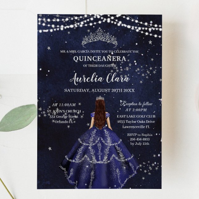 Invitation Starry Night Navy Blue Gown Silver Quinceañera (Créateur téléchargé)