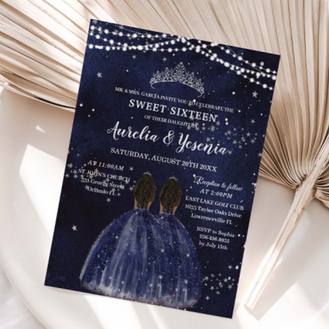 Invitation Starry Night Navy Blue Sweet 16 Twins Brown Girls (Créateur téléchargé)