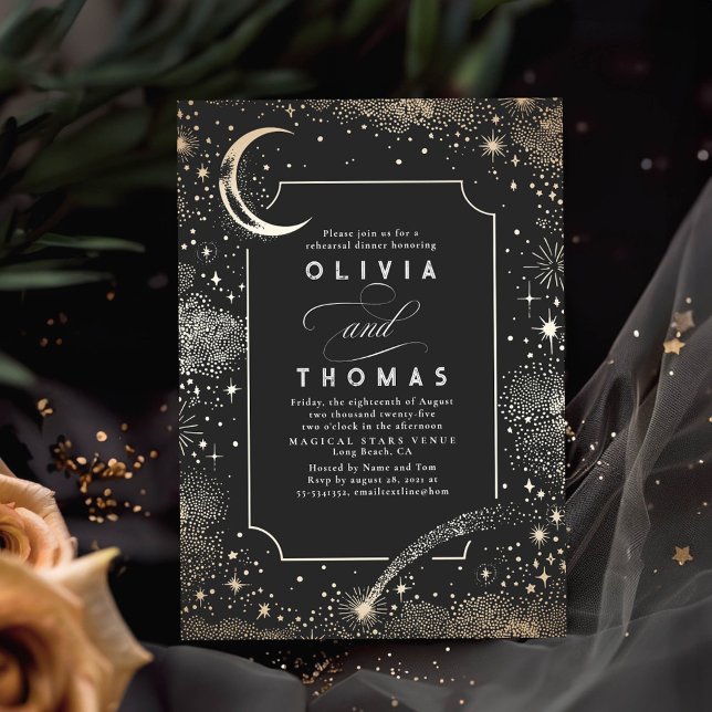 Invitation Starry Night Sky Crescent Moon Repétition Dîner (Celestial Rehearsal Dinner Invitations)