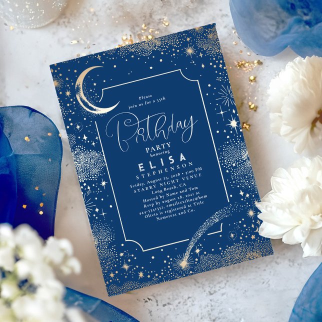 Invitation Starry Night Sky Moon Mystical Celestiday (Celestial Navy Blue and Gold Birthday Invitations)
