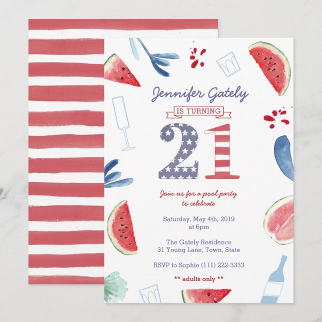 Invitation Stars and Stripes 21e anniversaire Pool Party (Devant / Derrière)
