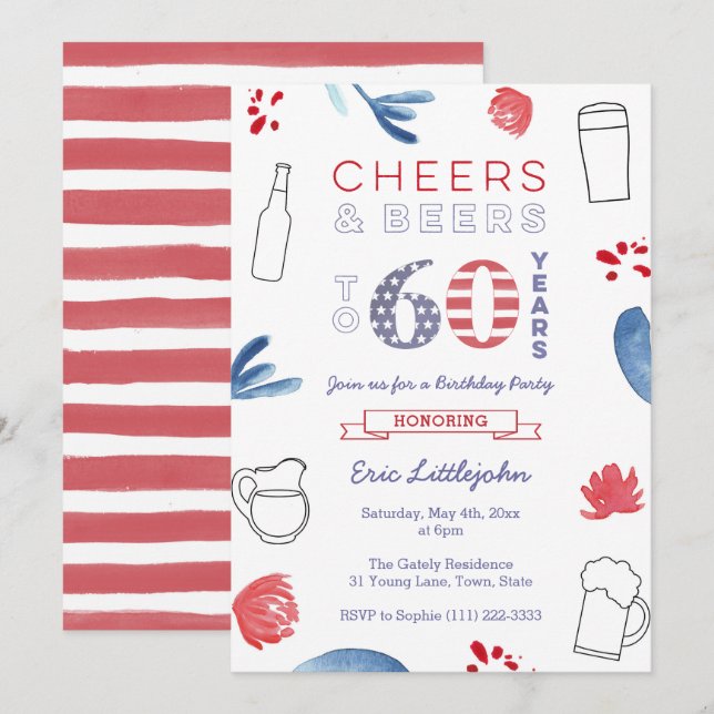 Invitation Stars and Stripes Hommes 60e fête d'anniversaire (Devant / Derrière)