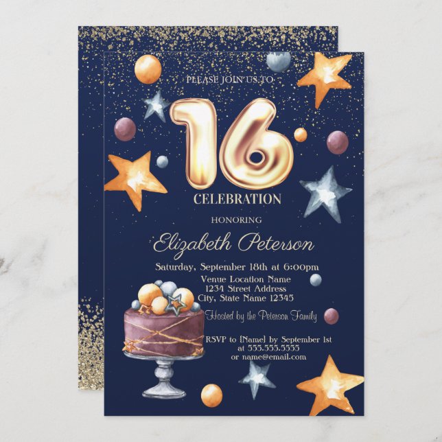 Invitation Stars Cake Confetti Diamond Sweet 16 (Devant / Derrière)