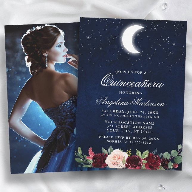 Invitation Stars de lune céleste Photo florale Quinceanera (Customize to change text size or text style.)