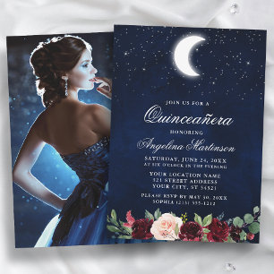 Invitation Stars de lune céleste Photo florale Quinceanera