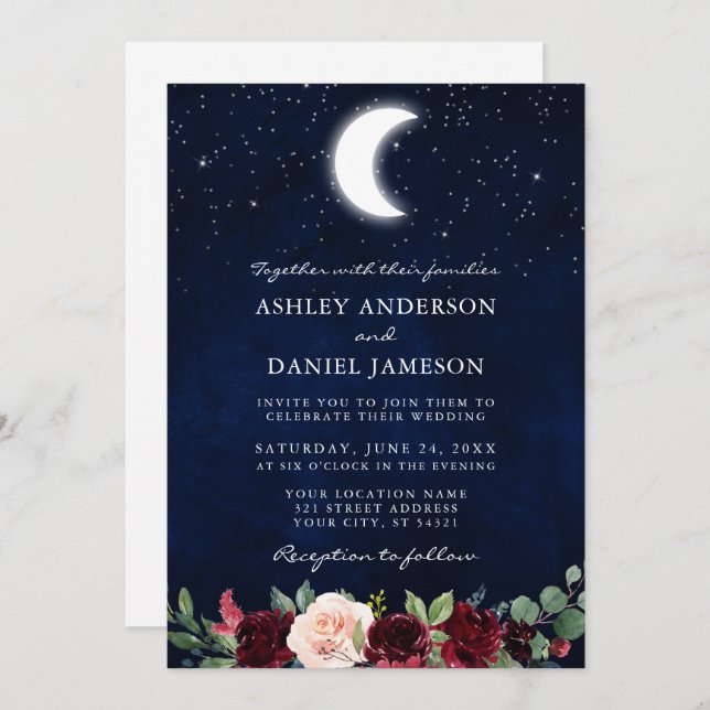 Invitation Stars de lune Mariage céleste Photo florale Retour (Devant / Derrière)