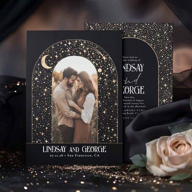 Invitation Stars de nuit romantiques célestes Mariage Photo (Celestial Modern Black Wedding Photo Invitations)