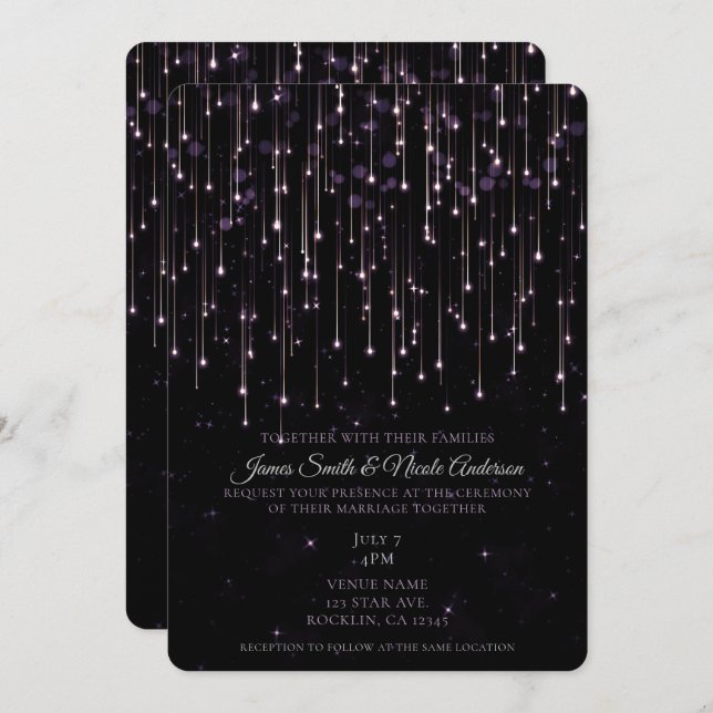 Invitation Stars De Tir Sparkly Purple Chic Mariage Moderne (Devant / Derrière)