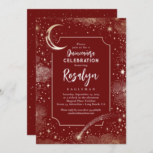 Invitation Stars d'or céleste et Quinceanera nocturne de la l (Devant / Derrière)