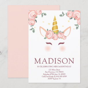Invitation Stars et fleurs étincelantes Unicorn Anniversaire