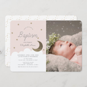 Invitation Stars & Lune Blush Rose Girl Photo Baptême