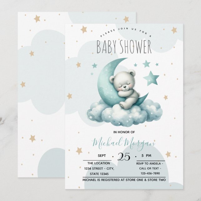 Invitation Stars Lune Nuages Vert Teddy Baby shower Ours (Devant / Derrière)