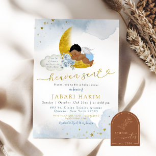 Invitation Stars Moon Bleu Africain Angel Baby shower garçon