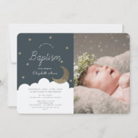 Stars & Moon Navy Blue Boy Photo Baptême
