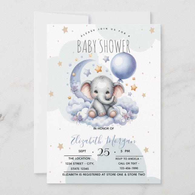 Invitation Stars Moon Nuages Teddy Bear Baby shower (Devant)