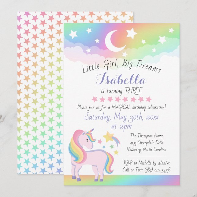 Invitation Stars & Moon Rainbow Sky Magique Unicorn Anniversa (Devant / Derrière)