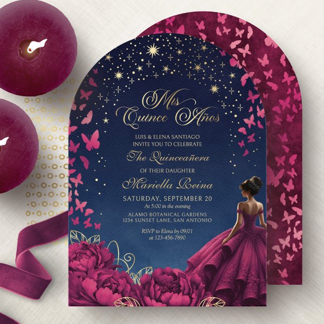 Invitation Stars Papillons Bourgogne Quinceanera (Créateur téléchargé)