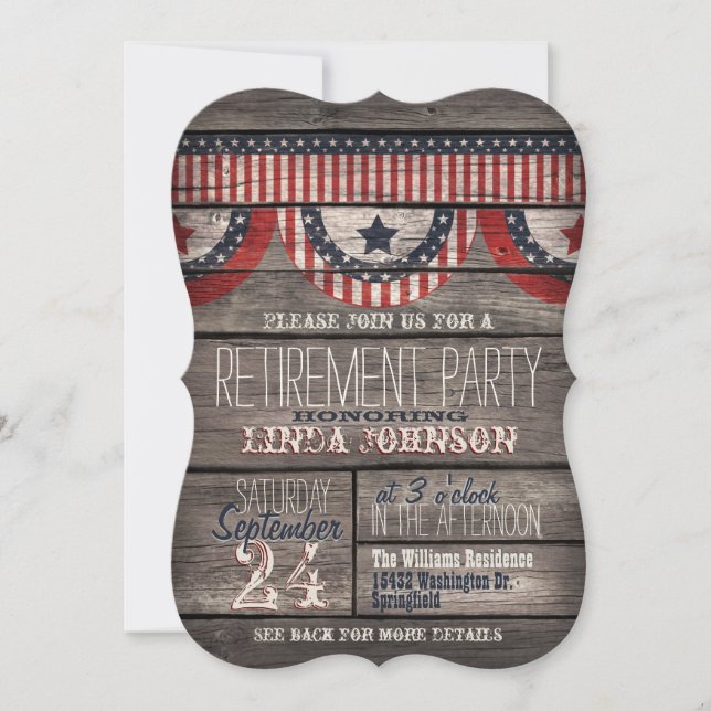 Invitation Stars & Stripes Rustic Wood Retirement Party (Devant)