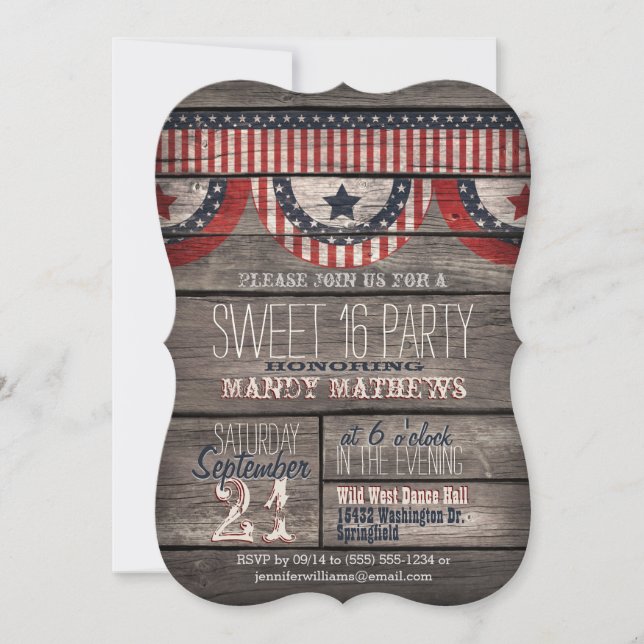 Invitation Stars & Stripes Rustic Wood Sweet 16 Party (Devant)