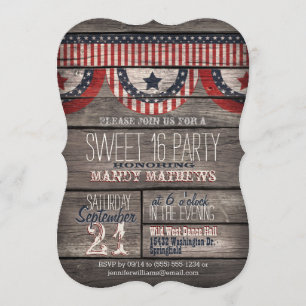 Invitation Stars & Stripes Rustic Wood Sweet 16 Party
