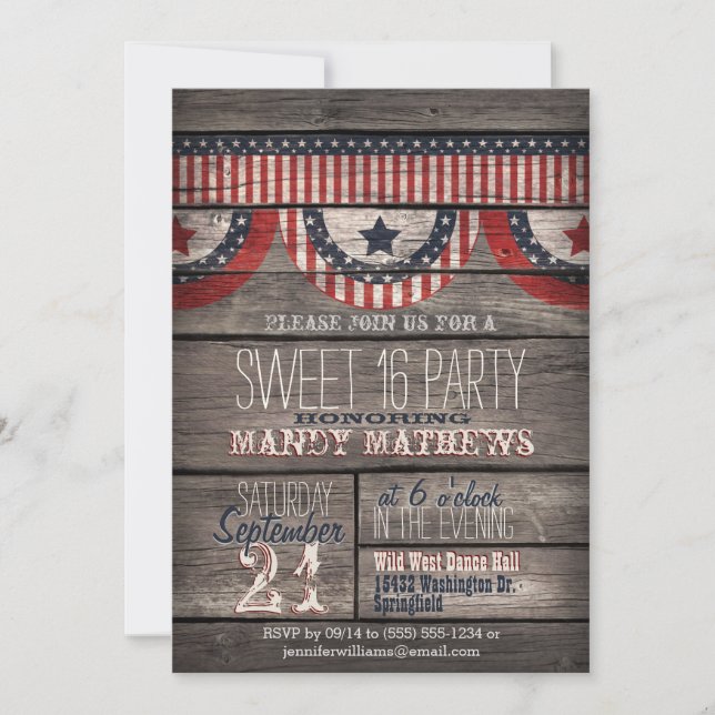 Invitation Stars & Stripes sur Rustic Wood Sweet 16 Party (Devant)