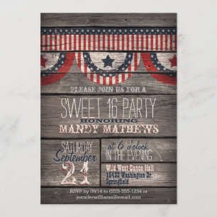 Invitation Stars & Stripes sur Rustic Wood Sweet 16 Party