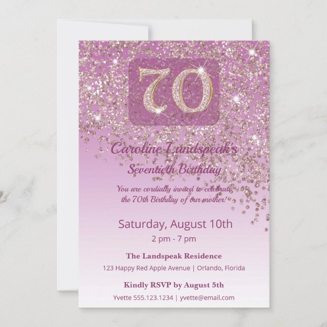 Invitation Stately 70th Birthday Rose Gold Glitter (Devant)