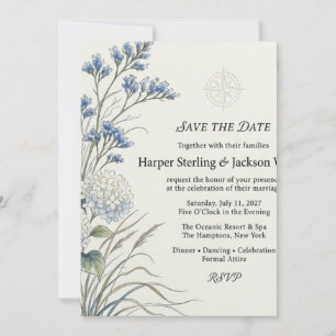 Invitation Statice bleue, Hydrangea, Rose des vents et eau