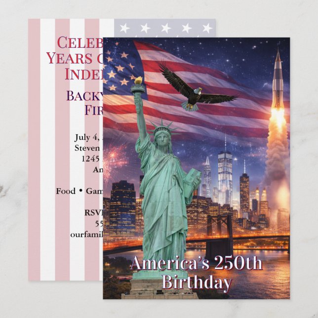 Invitation Statue de la Liberté fusée du 4 juillet USA 250e (Devant / Derrière)