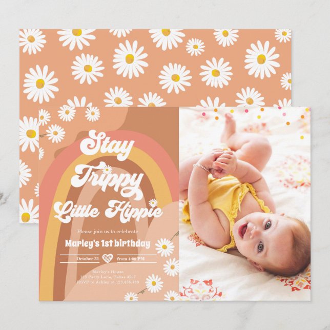 Invitation Stay Trippie Little Hippie Retro Daisy Anniversair (Devant / Derrière)