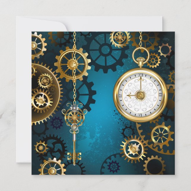 Invitation Steampunk Arrière - plan turquoise avec Gears (Devant)