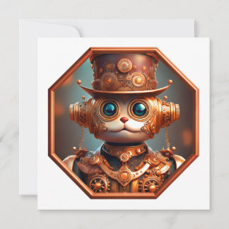 Invitation Steampunk Cat Soldier In 8 Sided Bronze Frame