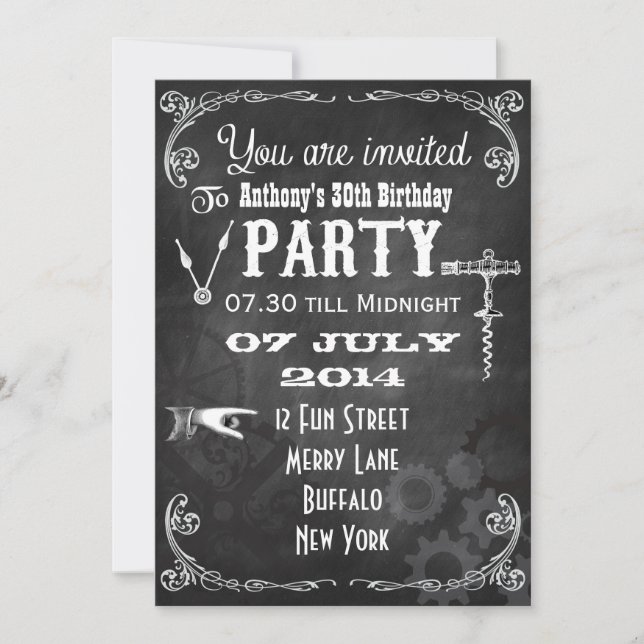 Invitation Steampunk Chalkboard fête d'anniversaire (Devant)