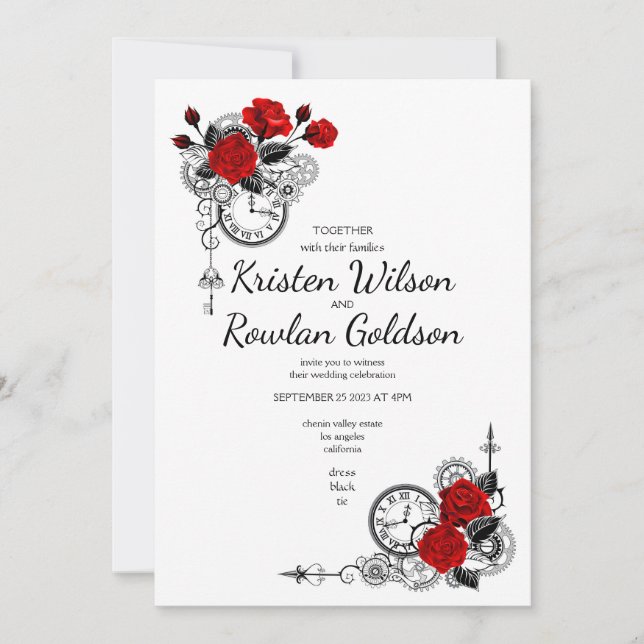 Invitation Steampunk et roses rouges fleurs sur fond noir (Devant)