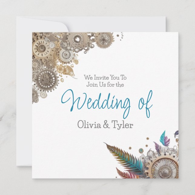 Invitation Steampunk, Fleurs et Plumes Mariage (Devant)