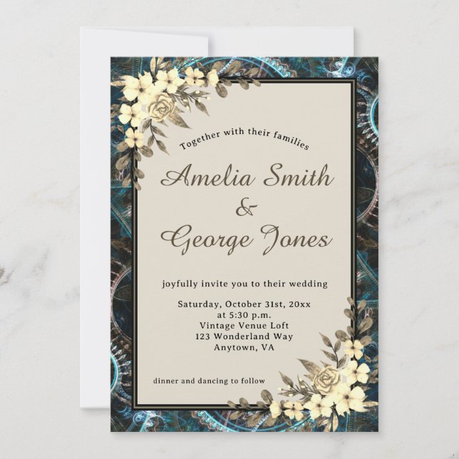 Invitation Steampunk Floral jaune et Mariage beige (Devant)
