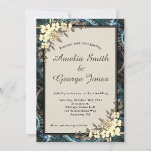 Invitation Steampunk Floral jaune et Mariage beige
