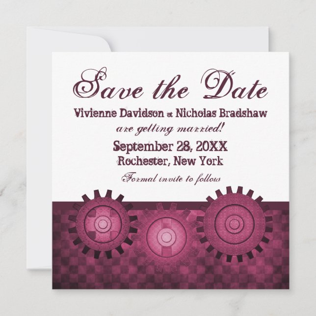 Invitation Steampunk Gears Save the Date Invitation, Fuchsia (Devant)