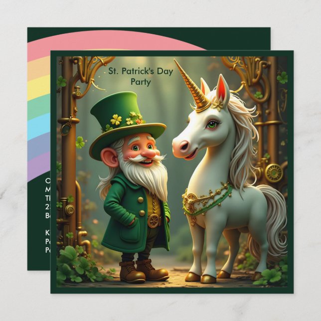 Invitation Steampunk Gnome-Leprechaun Unicorn Jour de la Sain (Devant / Derrière)