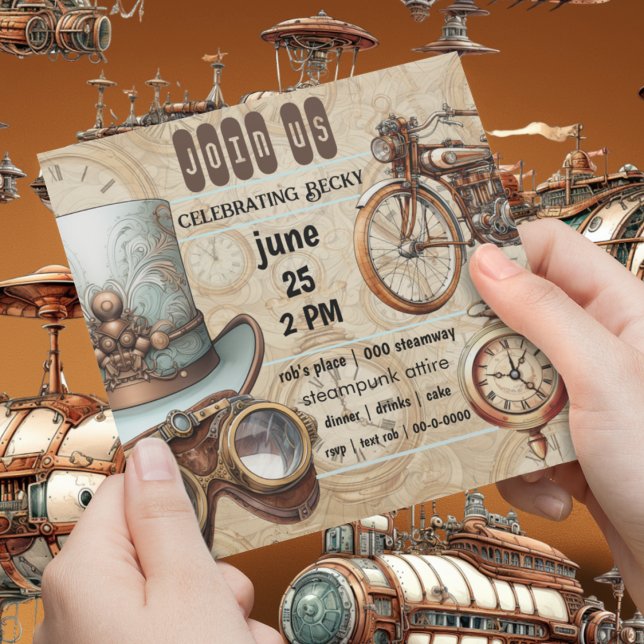 Invitation Steampunk Goggings Vélo Top Hat Horloges Fête (Steampunk industrial whimsical customizable birthday party or special occasion invitation)