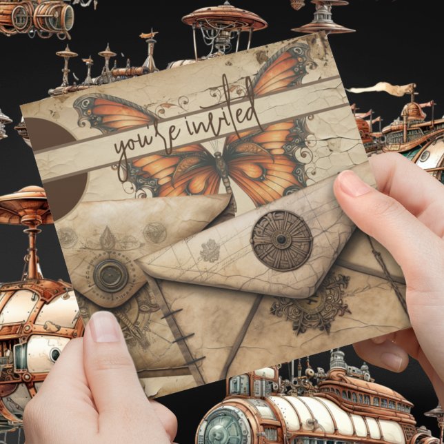 Invitation Steampunk | Papillon Monarque | Anniversaire du cu (Steampunk victorian monarch butterfly and secret leather envelope on customizable invitations. )