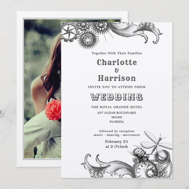 Invitation Steampunk Vintage engrenages mécaniques Insectes P (Devant / Derrière)