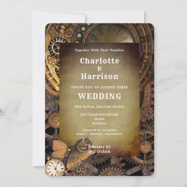 Invitation Steampunk Vintage mécanique engrenages Butterfly I (Devant)