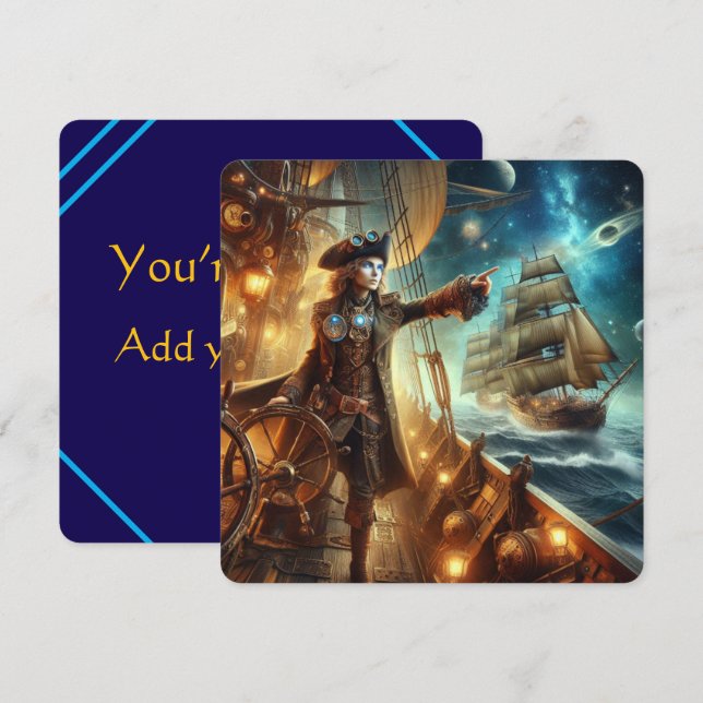 Invitation Steampunk Vintage Victorian Ocean Space Pirate (Devant / Derrière)