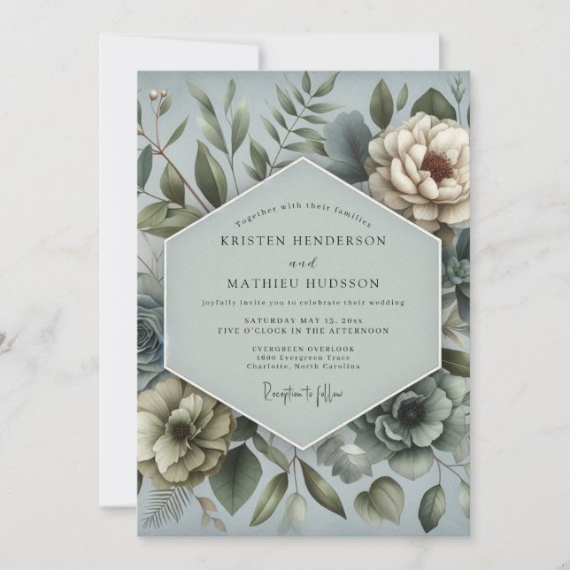 Invitation Steel Blue Dreamy Flora Wedding (Devant)