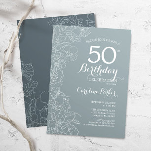Invitation Steel Blue Floral 50e fête d'anniversaire
