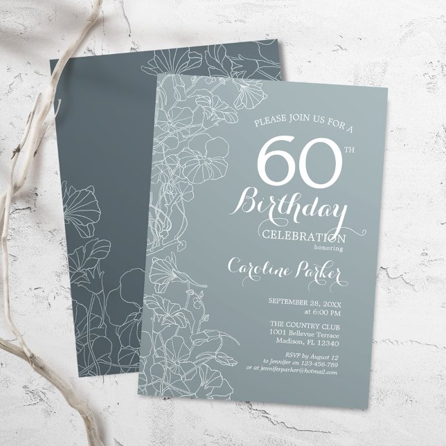 Invitation Steel Blue Floral 60e fête d'anniversaire (Créateur téléchargé)