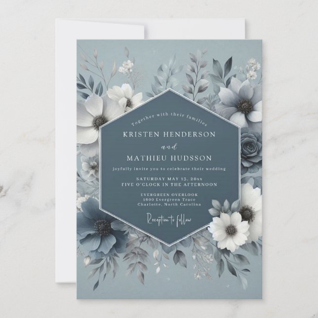 Invitation Steel Blue Icy Blossom Wedding (Devant)