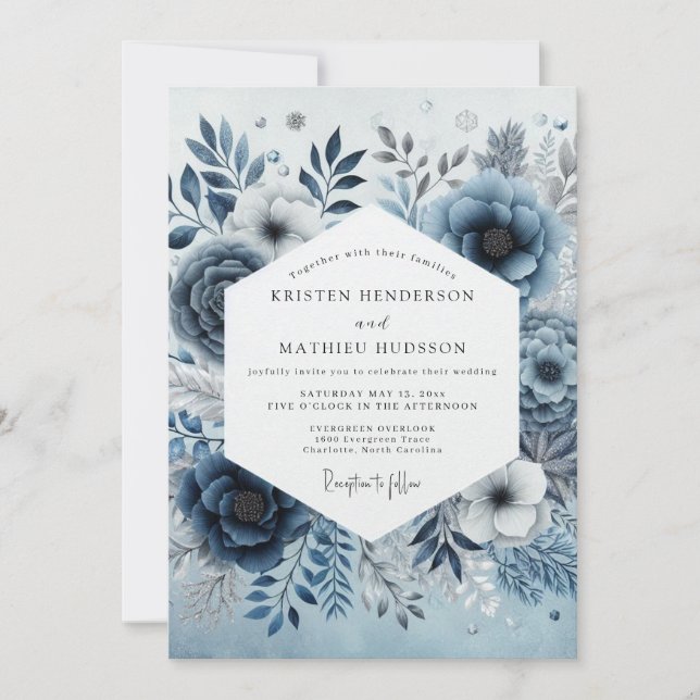Invitation Steel Blue Misty Flora Wedding (Devant)